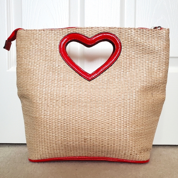 XOXO woven clutch bag natural bright red heart handle handbag imitation straw - Picture 6 of 15